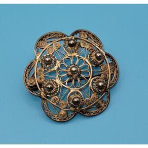 Vintage Silver Filigree 800 Shield Brooch Scalloped Edge